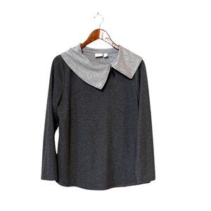 Weekends By Chicos Gray Long Sleeve Top Light Gray Collar Womens Size M